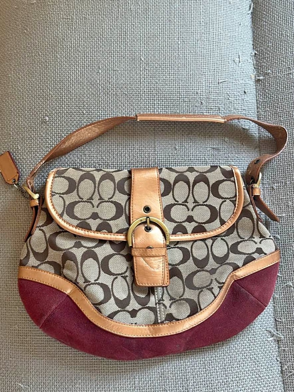 Vintage Coach Signature Canvas and Leather Shoulder Bag in Brown and Burgundy